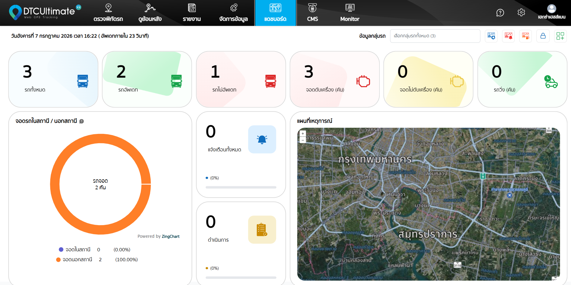 DFM fleet overview dashboard showing vehicle status and map